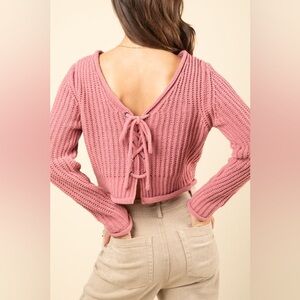 New In Medium Chunky Knit Chenille Sweater Lace Up Pink Crop Sweater Cottage
